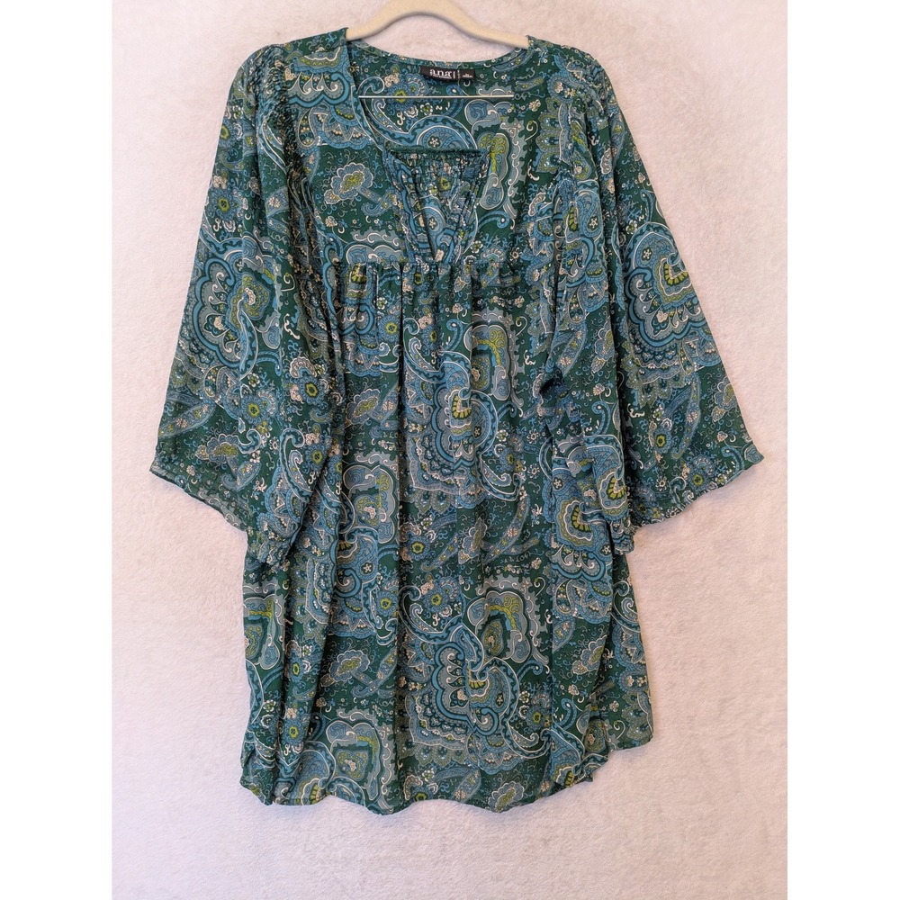 a.n.a Paisley Tunic Blouse Women's 3X Green Blue Smocked V-Neck Bell Sleeve